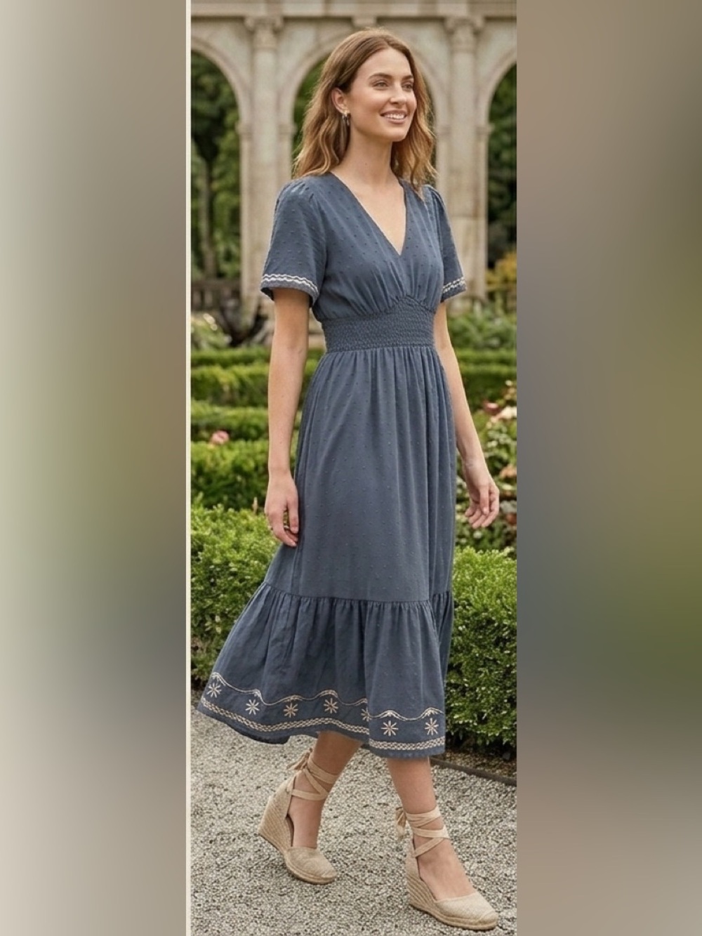 Blue Midi Boho Dress with Embroidered Details by Simplee Size Small NWT
